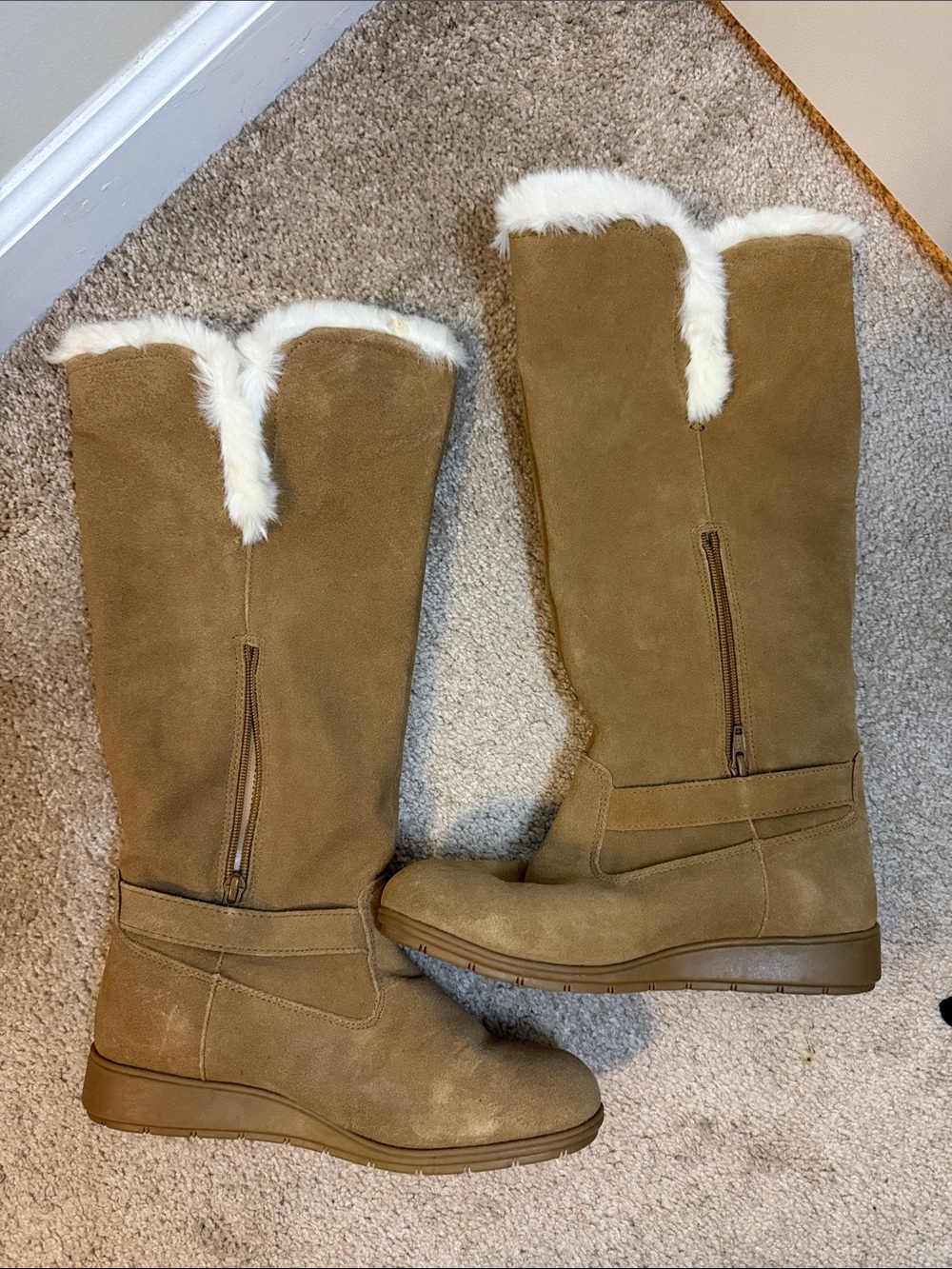 Lands' End Tall Faux-Suede Winter Boots in Brown with White Faux Fur Trim